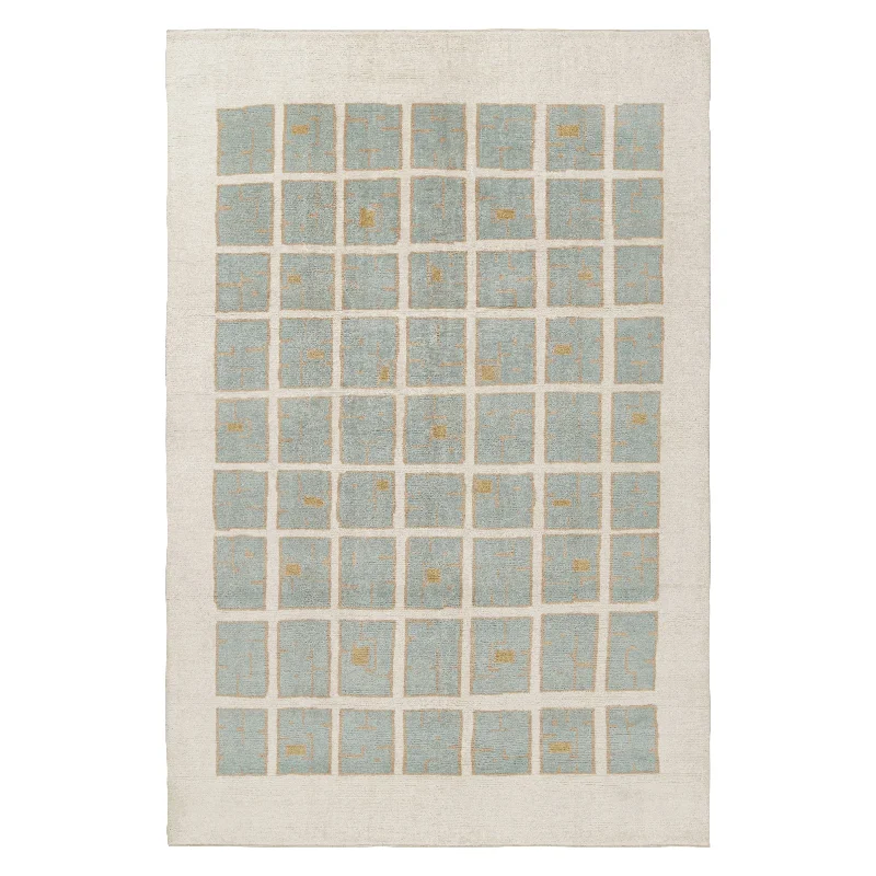 soft area carpet for hallways-Blue & Cream Contemporary Scandinavian Wool Rug - 6'1" x 8'11"