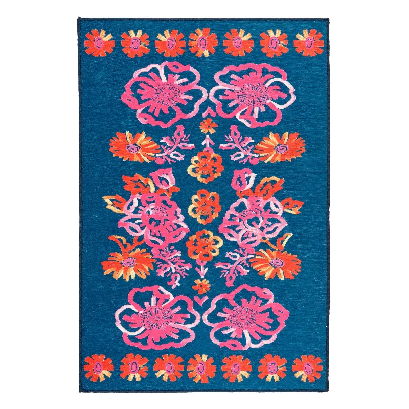 plush bedroom carpet-Graphic Gerbera Fuchsia Machine Washable Rug