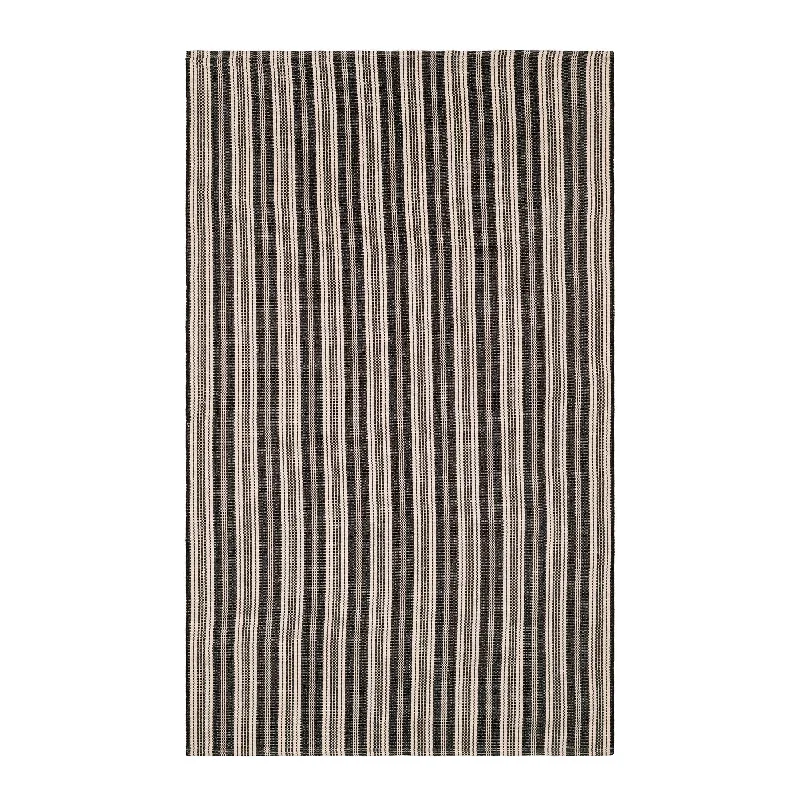 wool carpets for modern homes-Ticking Stripe Black/Ivory Handwoven Indoor/Outdoor Rug