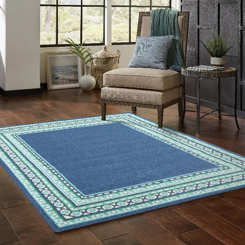 low-maintenance carpet for busy home-Vista Home Mackinac Bordered Blue/Green Indoor-Outdoor Area Rug.