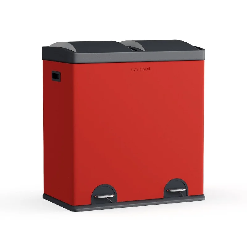 dual-compartment-trash-can-2 Compartment Kitchen Garbage Can & Recycling Bin, Red, 16 gal - Red