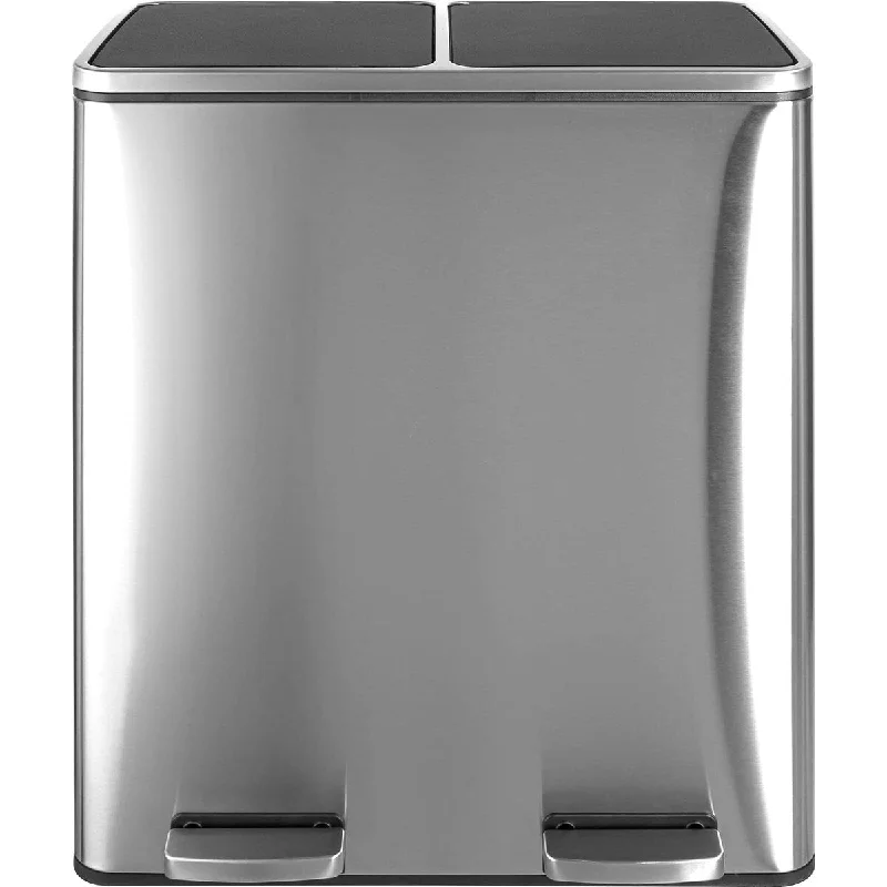 slim-trash-bin-60L(16 Gal) Dual Trash Can, Kitchen Garbage Can, 2 Compartment Classified Rubbish Bin, Recycle Dustbin w/Buckets, Handle, Lid