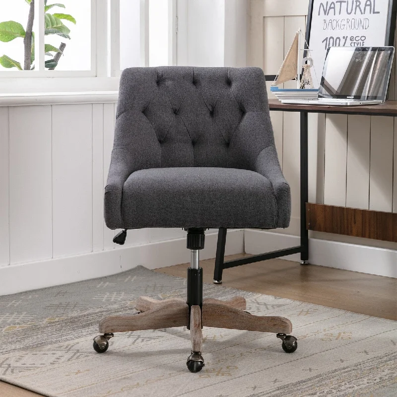 office chair with easy-to-clean fabric -Office Chair Adjustable Height Swivel Chair with Wheels Linen Fabric Upholstered Computer Desk Chair with Wooden Legs