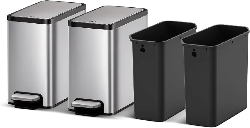 garbage-can-for-large-kitchen-Slim Small Bathroom Trash Can with Lid, Stainless Steel Kitchen Garbage Can with Removable Inner Bucket, 6L / 1.6 Gal 2 Pack Step On Trash Can Combo