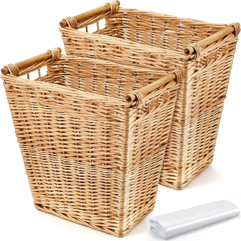 outdoor-waste-can-2 Pcs Wicker Trash Basket Wicker Garbage Can Bathroom Rattan Woven Waste Basket