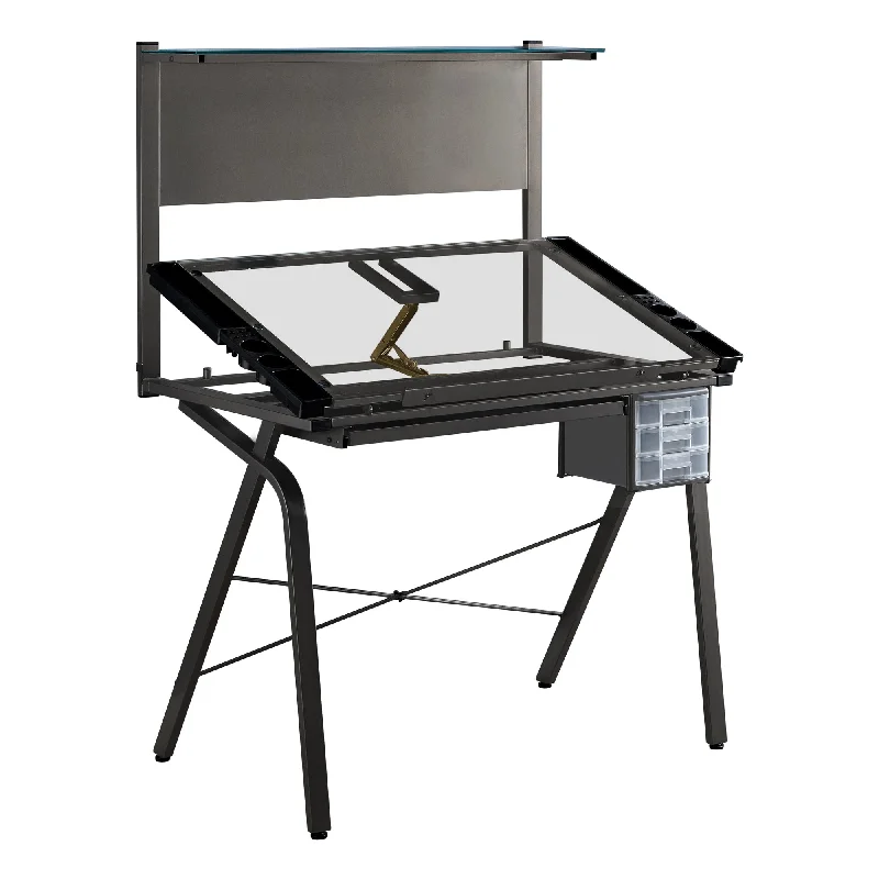 contemporary desk with built-in shelves-26" Adjustable Clear and Gray Glass Drafting Table With Three Drawers