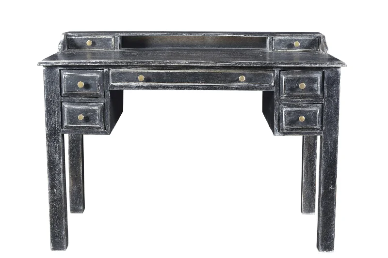 ergonomic workstation desk with drawers-46" Black Solid Wood Writing Desk With Seven Drawers