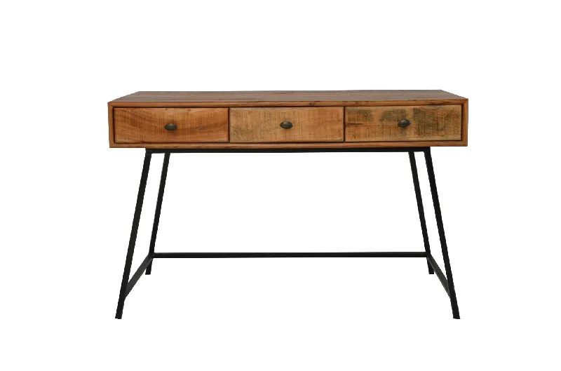 compact glass computer desk-47" Natural and Black Solid Wood Writing Desk With Three Drawers