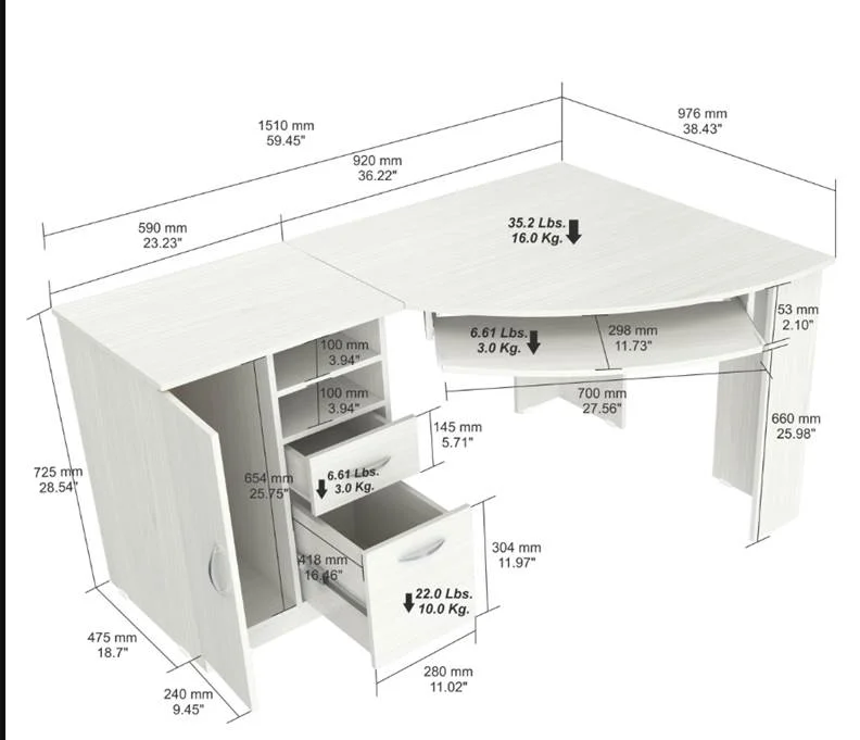 adjustable height corner desk-59" White Corner Computer Desk With Two Drawers