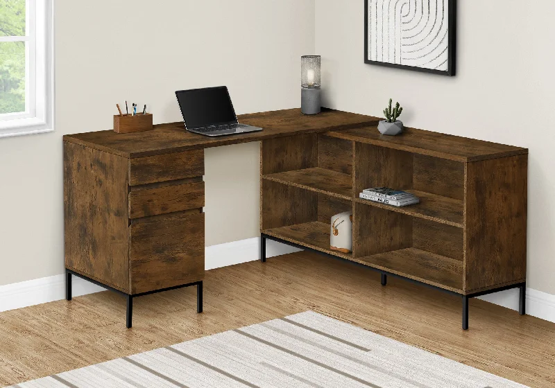 large L-shaped office desk with storage-60" Brown and Black L Shape Computer Desk With Three Drawers