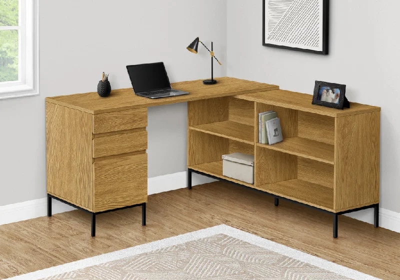 floating wall desk with shelf-60" Brown and Black L Shape Computer Desk With Three Drawers