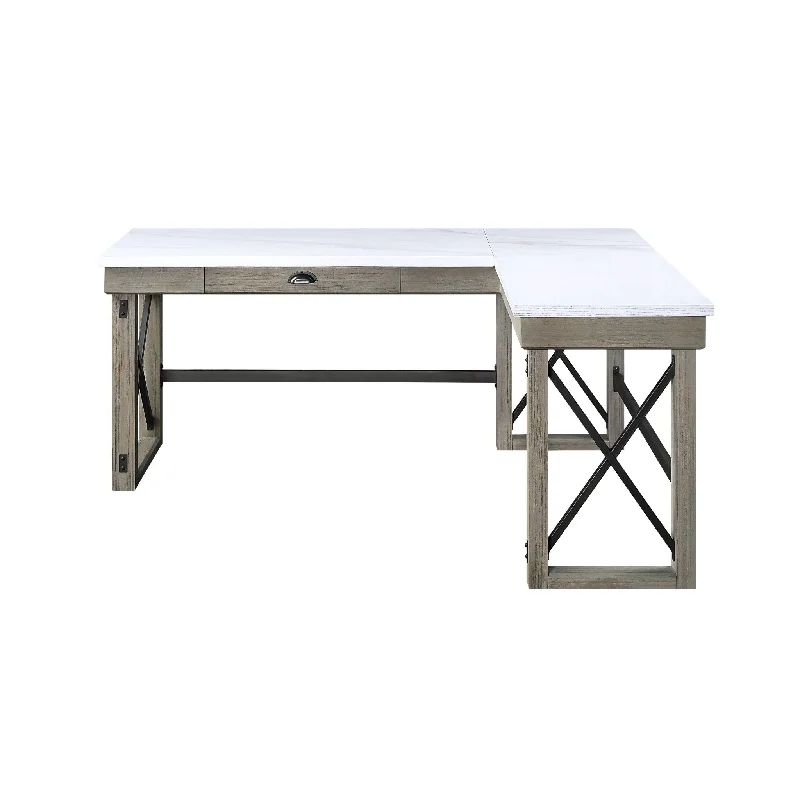 adjustable desk for sitting or standing-67" White and Brown Marble L Shape Writing Desk