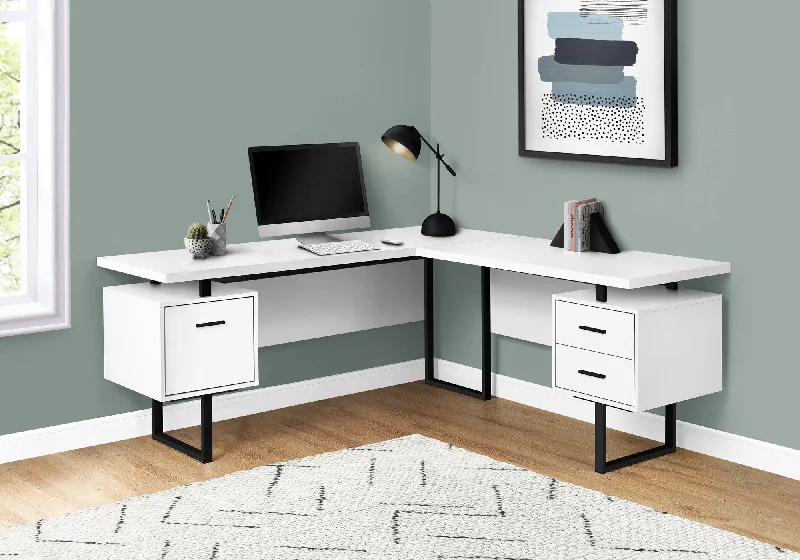 small-space L-shaped office desk-71" White and Black L Shape Computer Desk With Three Drawers