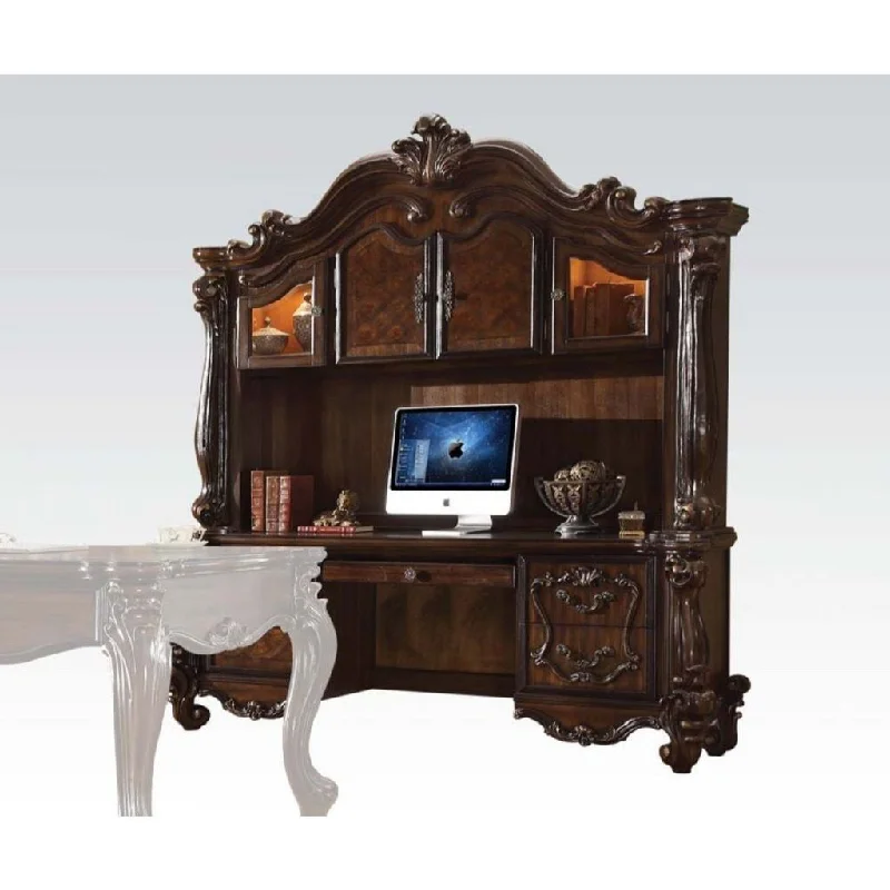 spacious home office workstation-76" Dark Brown Wood Peninsula Credenza Desk With Four Cabinets Three Drawers