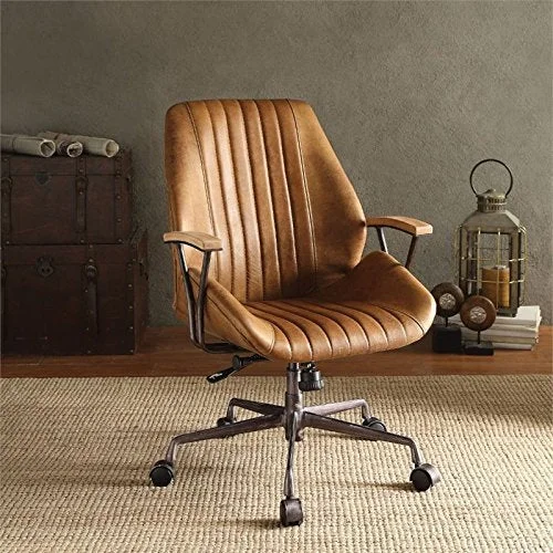 mesh and leather combination office chair -Coffee and Black Adjustable Swivel Faux Leather Rolling Office Chair