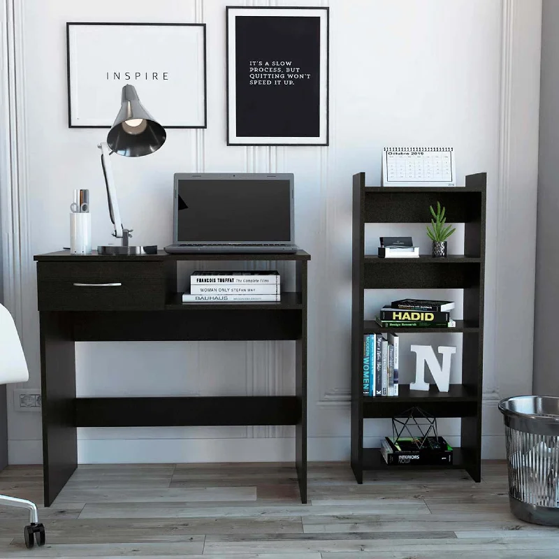 contemporary desk with multiple shelves-32" Black Computer Desk Desk And Bookshelf Set