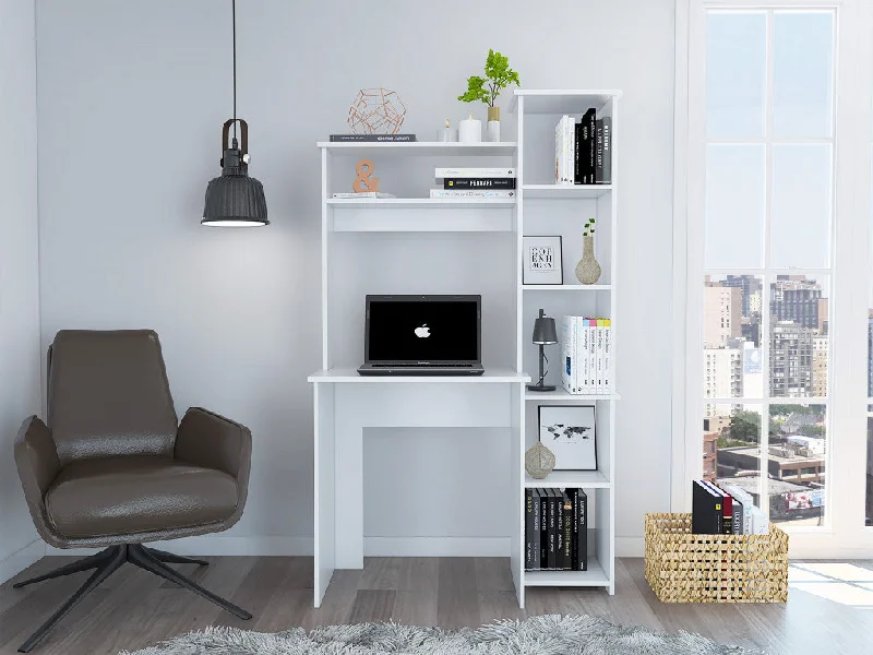 stylish study desk with chair-Modern White  Office Desk with Storage Cabinet