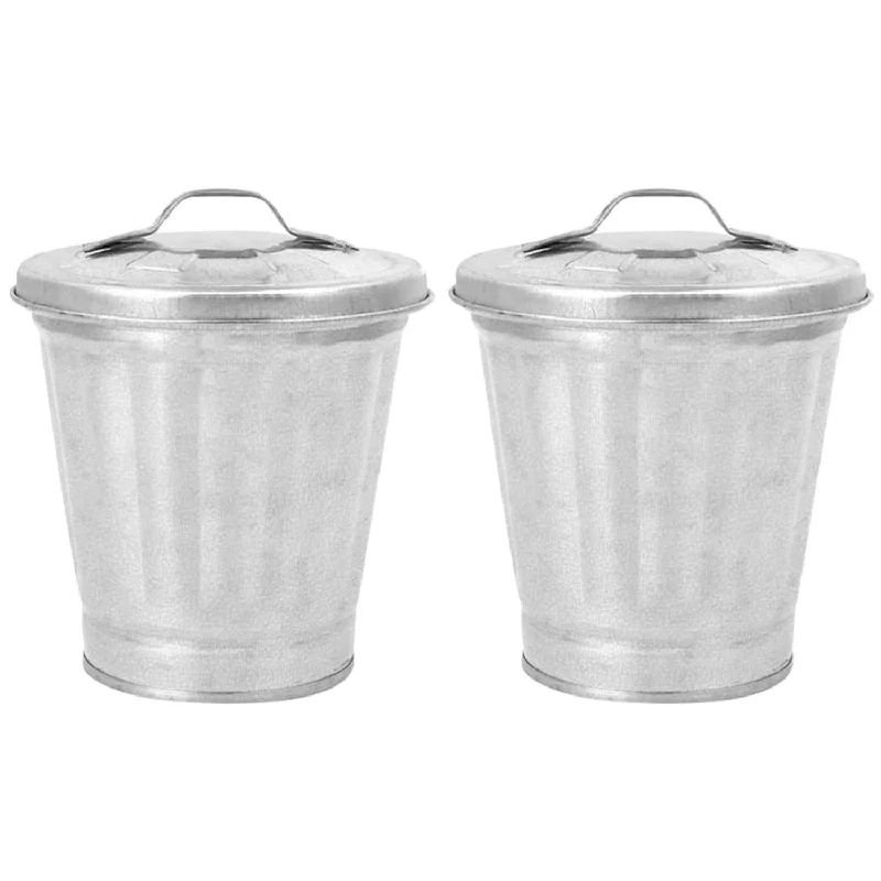 outdoor-garbage-bin-for-garden-Outdoor 2Pcs Mini Trash Can, Small Galvanized Metal Garbage Can With Lid, Deskto