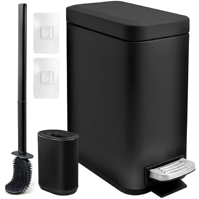 garbage-can-with-compartments-Slim Trash Can And Toilet Brush Combo, Stainless Steel Garbage Can, 1.3 Gallon /