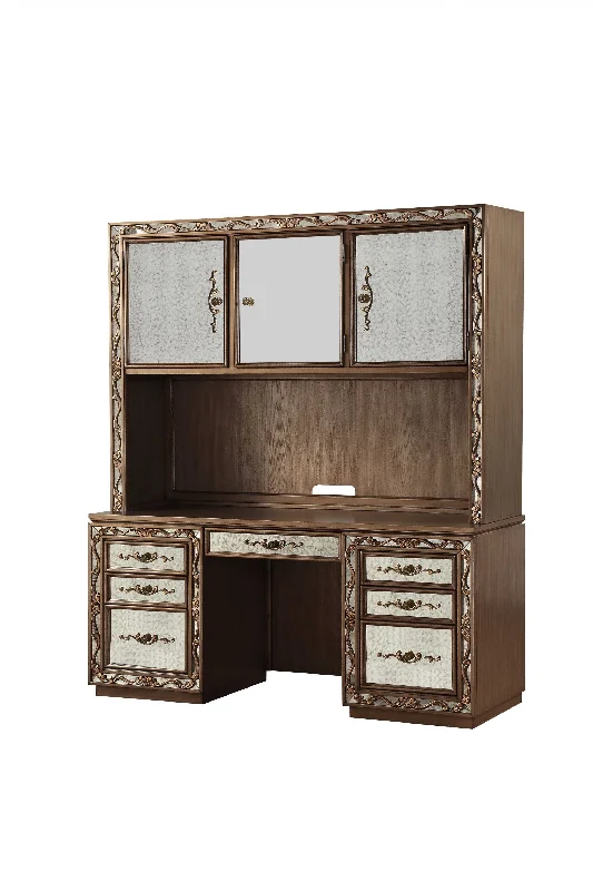 L-shaped study desk with storage-66" Gold Mirrored Computer Desk With Hutch With Three Cabinets Seven Drawers