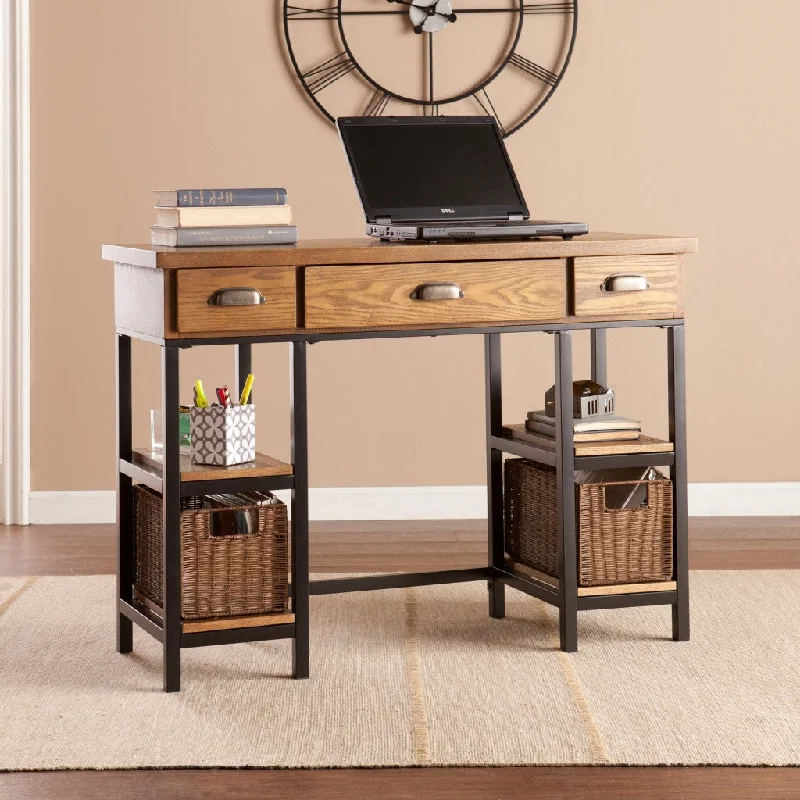 executive office desk with filing drawer-42" Gray And Black Writing Desk With Three Drawers