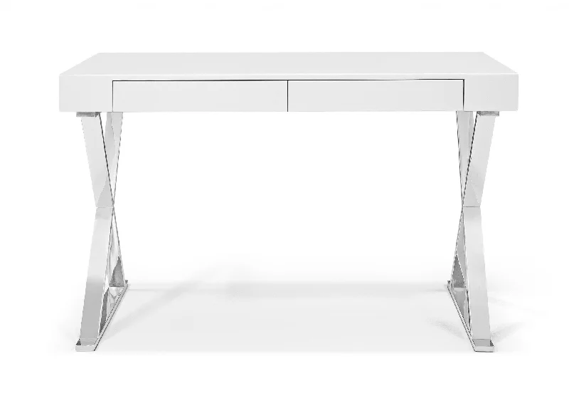 modern adjustable office desk-47" White and Silver Writing Desk With Two Drawers