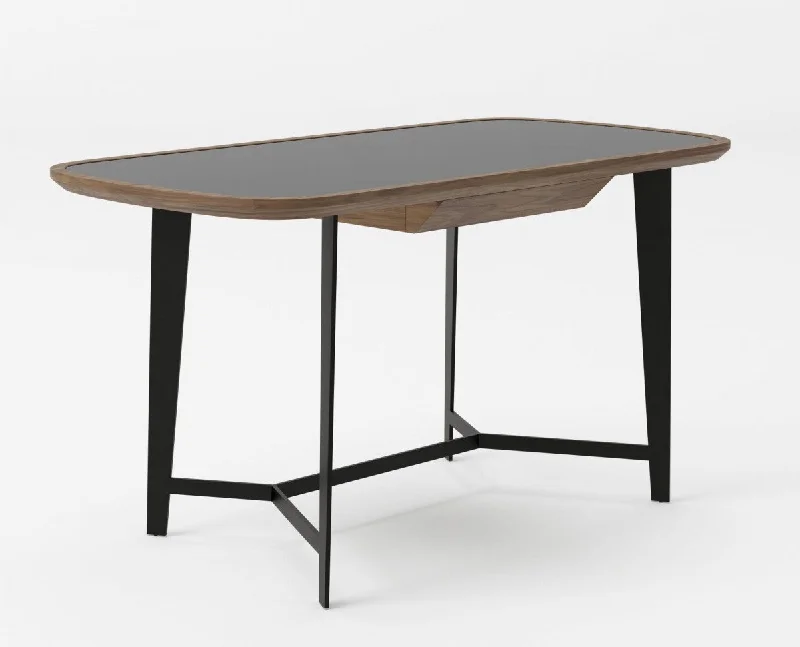 extra-wide writing desk for office-55" Walnut And Black Glass Rectangular Writing Desk