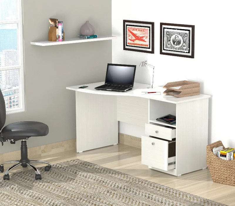 home office writing desk with cable management-55" White Computer Desk With Two Drawers