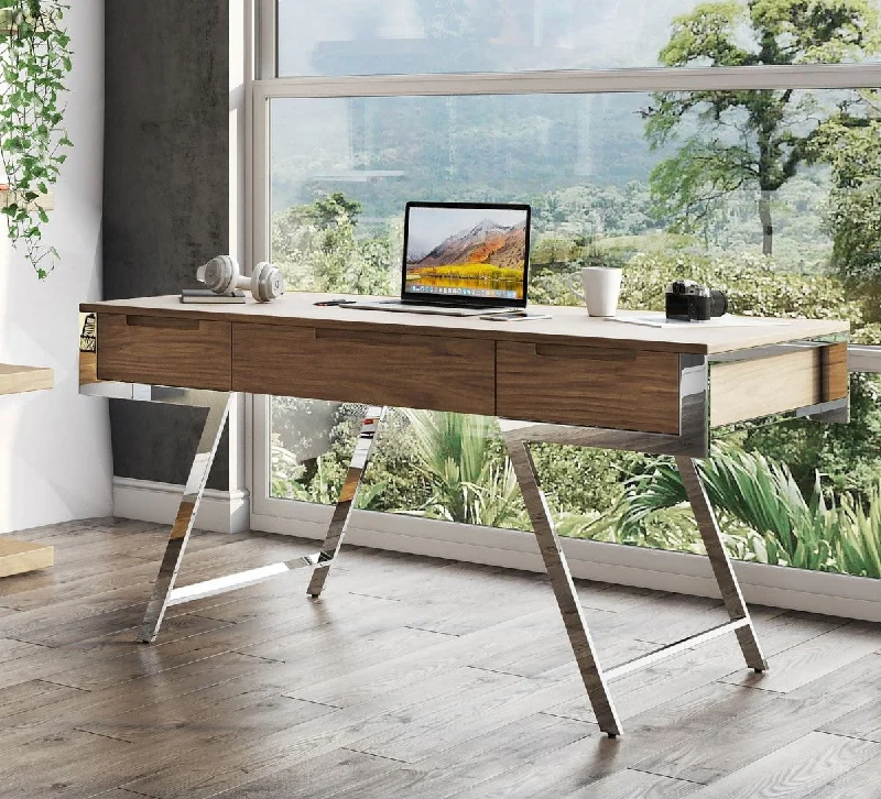 contemporary home study desk-63" Walnut and Chrome Rectangular Writing Desk With Three Drawers