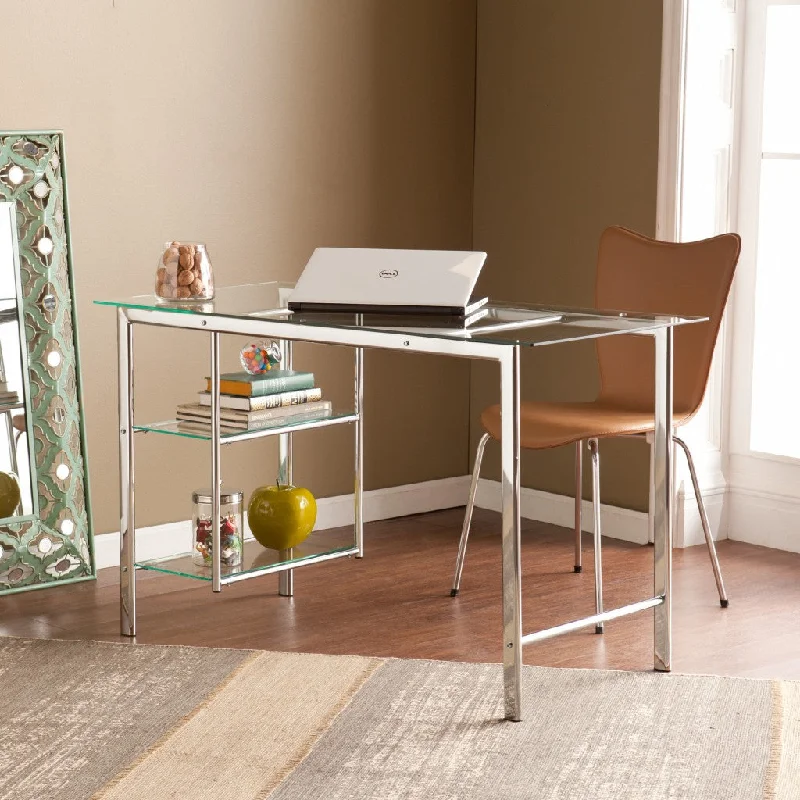 large desk with built-in shelving-Clear and Chrome Glass Writing Desk