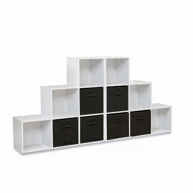 bookshelf with wooden frame and elegant styling -12 Cube Bookcase Ladder Storage Unit - White - Two 6 Cube Units - Black Basket