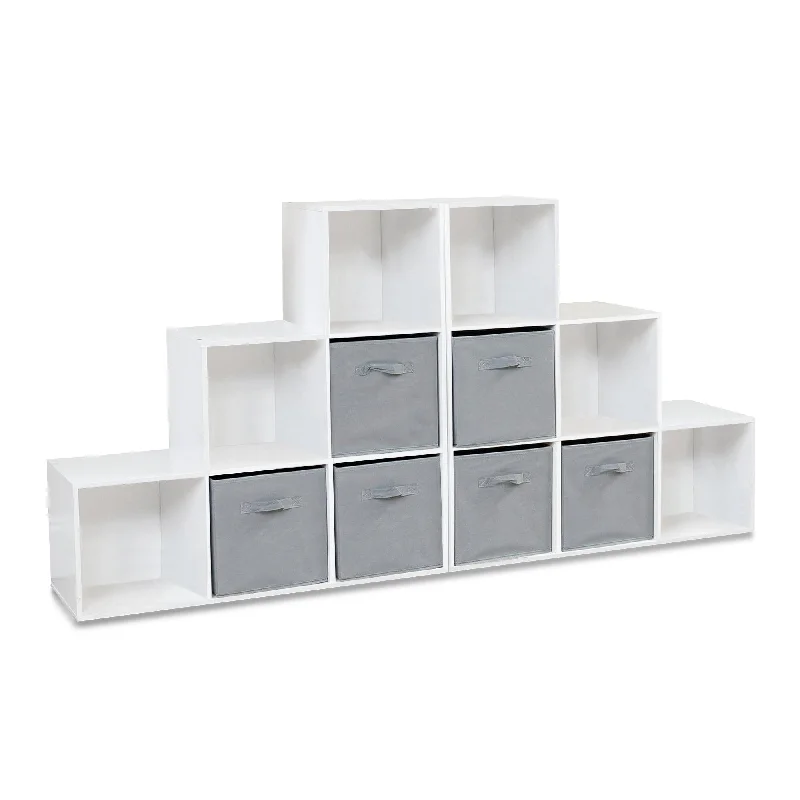 bookshelf with a Scandinavian look for modern decor -12 Cube Bookcase Ladder Storage Unit - White - Two 6 Cube Units - Grey Basket