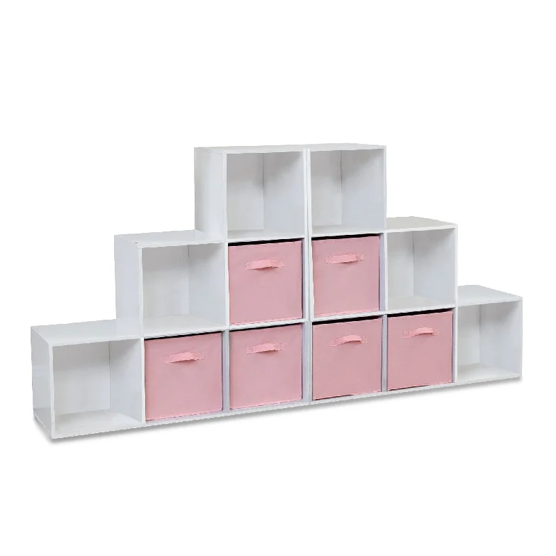 bookshelf for organization and display purposes -12 Cube Bookcase Ladder Storage Unit - White - Two 6 Cube Units - Pink Basket