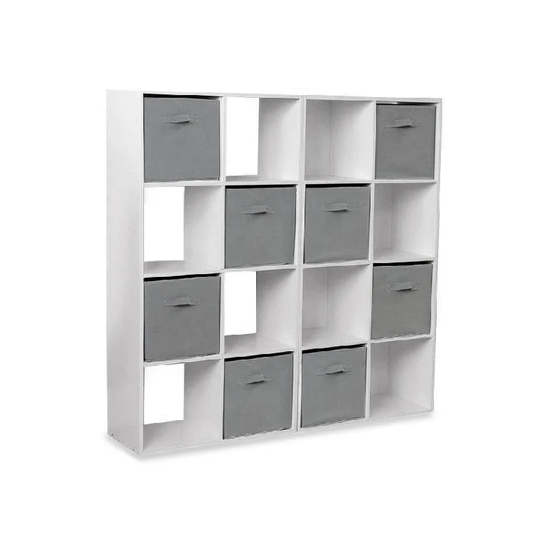 bookshelf with ample storage for heavy-duty books -16 Cube Storage Unit - White - Two 8x2 Units - Grey Basket