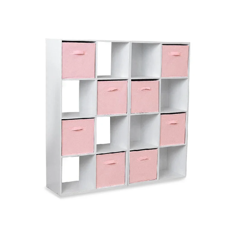 bookshelf with smooth edges for modern design -16 Cube Storage Unit - White - Two 8x2 Units - Pink Basket