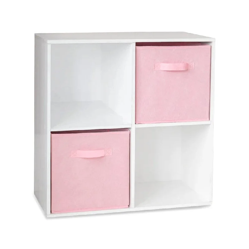 bookshelf for storing everything from books to decor -4 Cube White Bookcase Wooden Display Unit Shelving Storage Bookshelf Shelves - Pink Basket