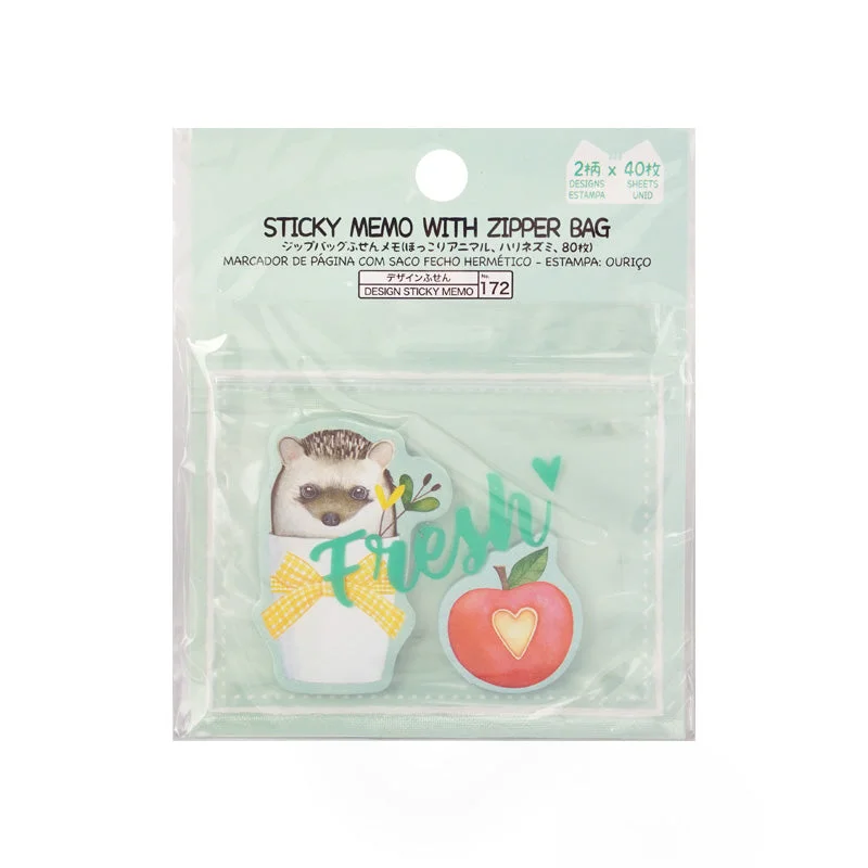 spiral notebooks for taking quick notes -Sticky Memo With Zipper Bag - Hokkori Animal (Hedgehog) - 80 Sheets