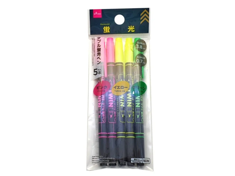 writing utensils for detailed academic projects-Double Fluorescent Pen Water-based Ink - 5 pcs - Pink - Yellow - Green -