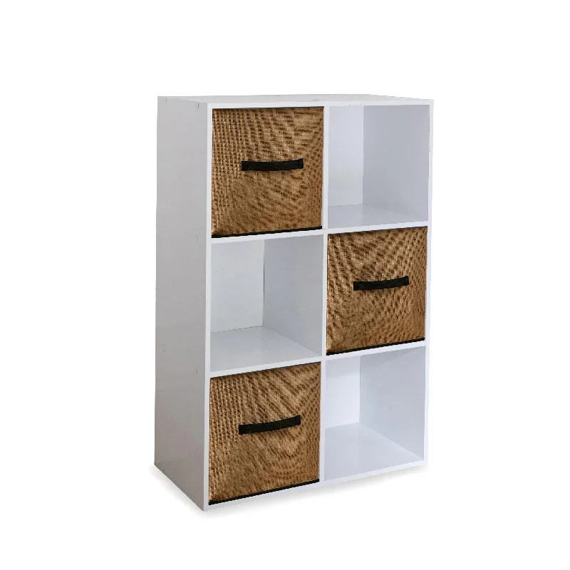 bookshelf with modern structure for organized storage -6 Cube Chalk White Bookcase Wooden Display Unit Shelving Storage Bookshelf Shelves - Jute Natural Basket