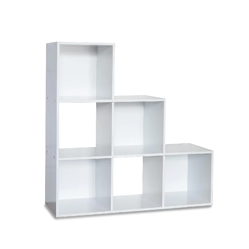 bookshelf with sleek black finish and minimal design -6 Cube Bookcase Ladder Storage Unit - White