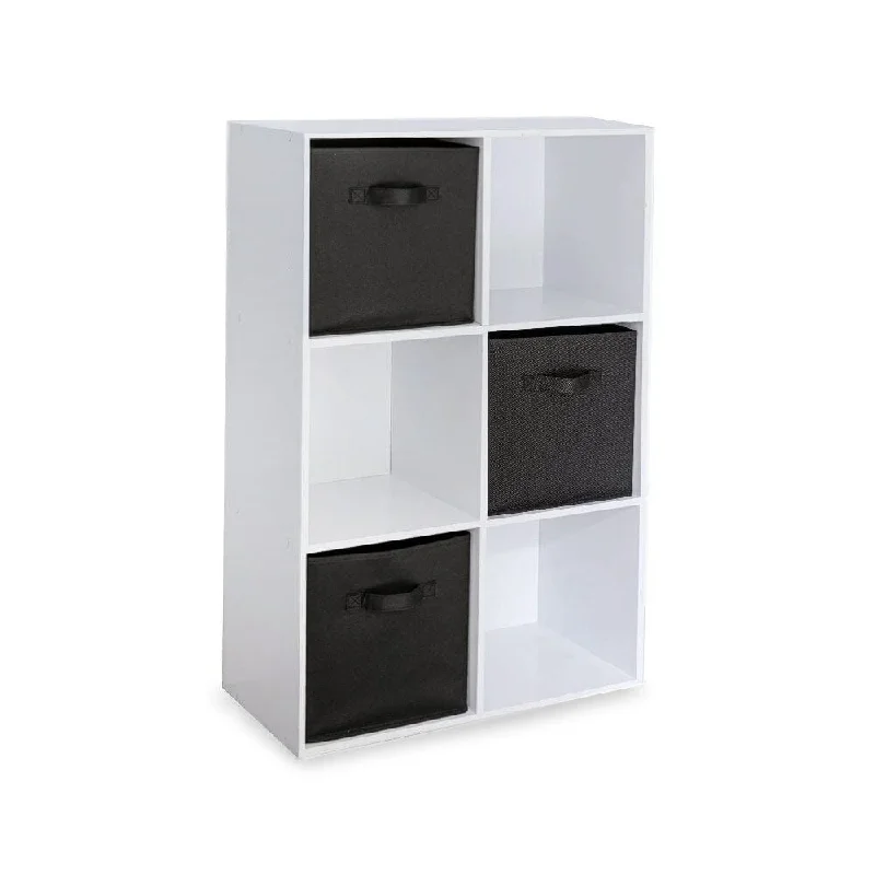 bookshelf with open and closed storage compartments -6 Cube White Bookcase Wooden Display Unit Shelving Storage Bookshelf Shelves - Black Basket