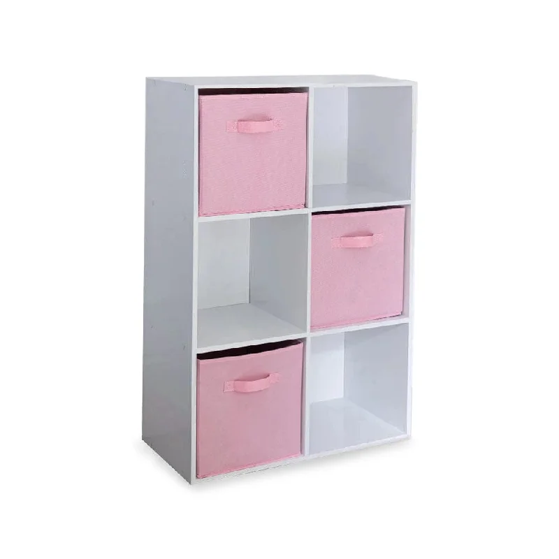 bookshelf with shelves designed for different items -6 Cube White Bookcase Wooden Display Unit Shelving Storage Bookshelf Shelves - Pink Basket