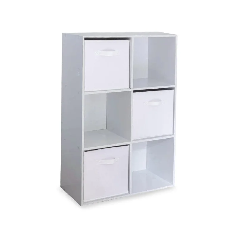 bookshelf with wooden slats for airy look -6 Cube White Bookcase Wooden Display Unit Shelving Storage Bookshelf Shelves - White Basket