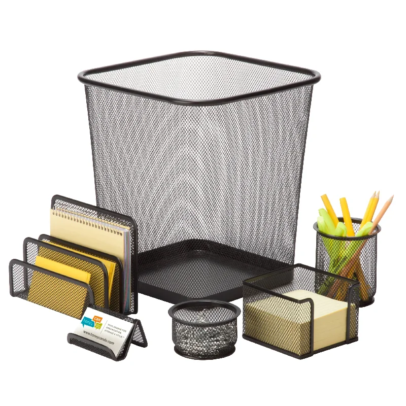 office supplies for managing employee productivity-Black Metal Mesh Desk Organizers (6-Piece Set)