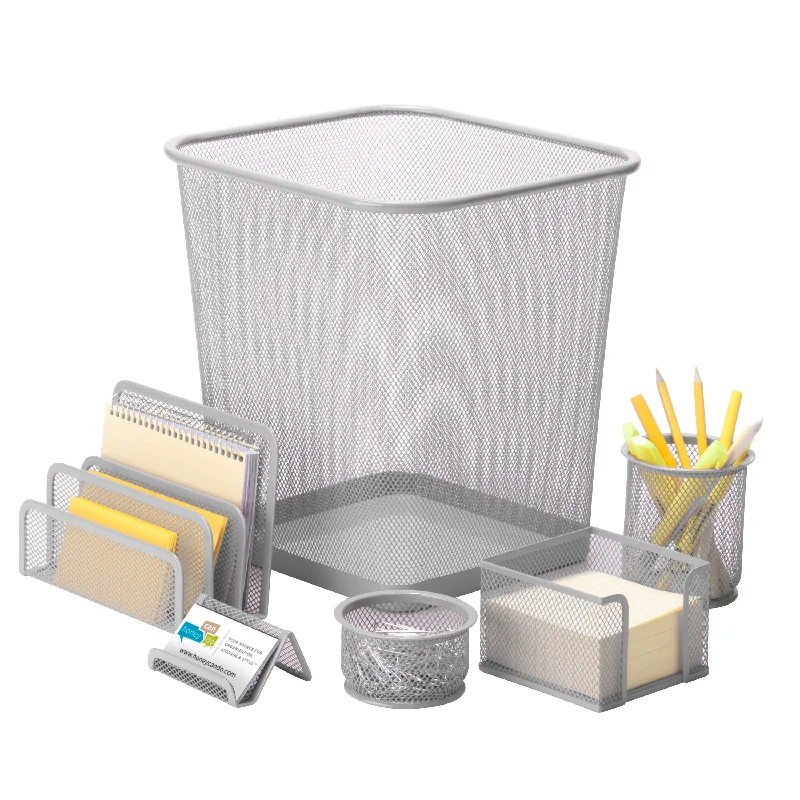 office supplies for corporate social responsibility-Silver Metal Mesh Desk Organizers (6-Piece Set)