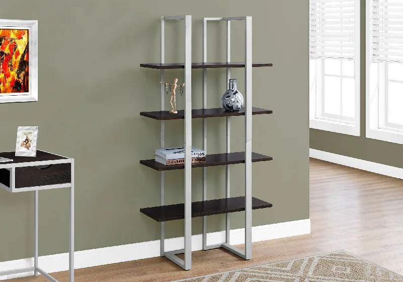 bookshelf with practical storage and display space -Bookcase - 60"H / Cappuccino / Silver Metal