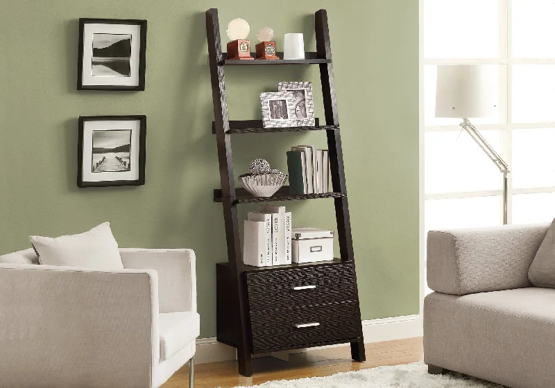 bookshelf with multi-functional features for home storage -Bookcase - 69"H / Cappuccino Ladder W/ 2 Storage Drawers