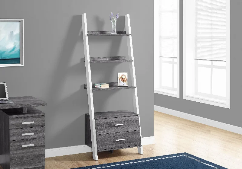 bookshelf with open layout for easy access to books -Bookcase - 69"H / Grey-White Ladder With 2 Storage Drawer