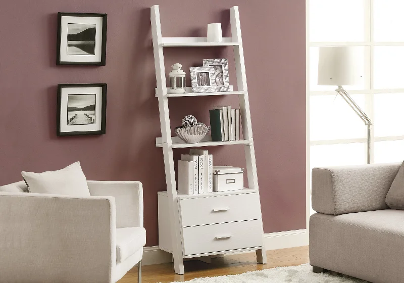 bookshelf for storing personal collections and books -Bookcase - 69"H / White Ladder With 2 Storage Drawers