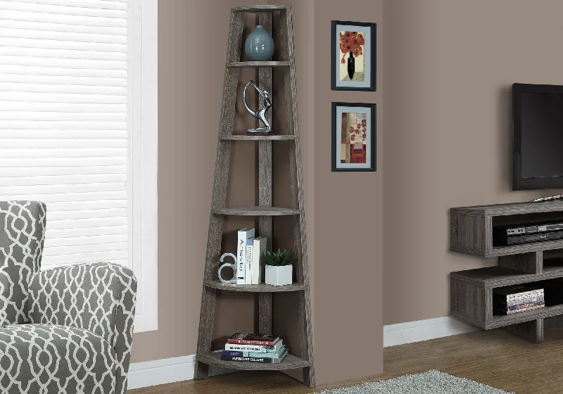 bookshelf for organizing books and small items at home -Bookcase - 72"H / Dark Taupe Corner Accent Etagere